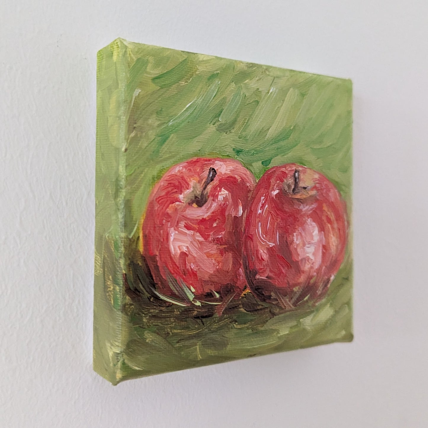 Ölfarbe auf Leinwand Gemälde - Zwei Äpfel - 10x10 cm
