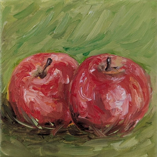 Ölfarbe auf Leinwand Gemälde - Zwei Äpfel - 10x10 cm