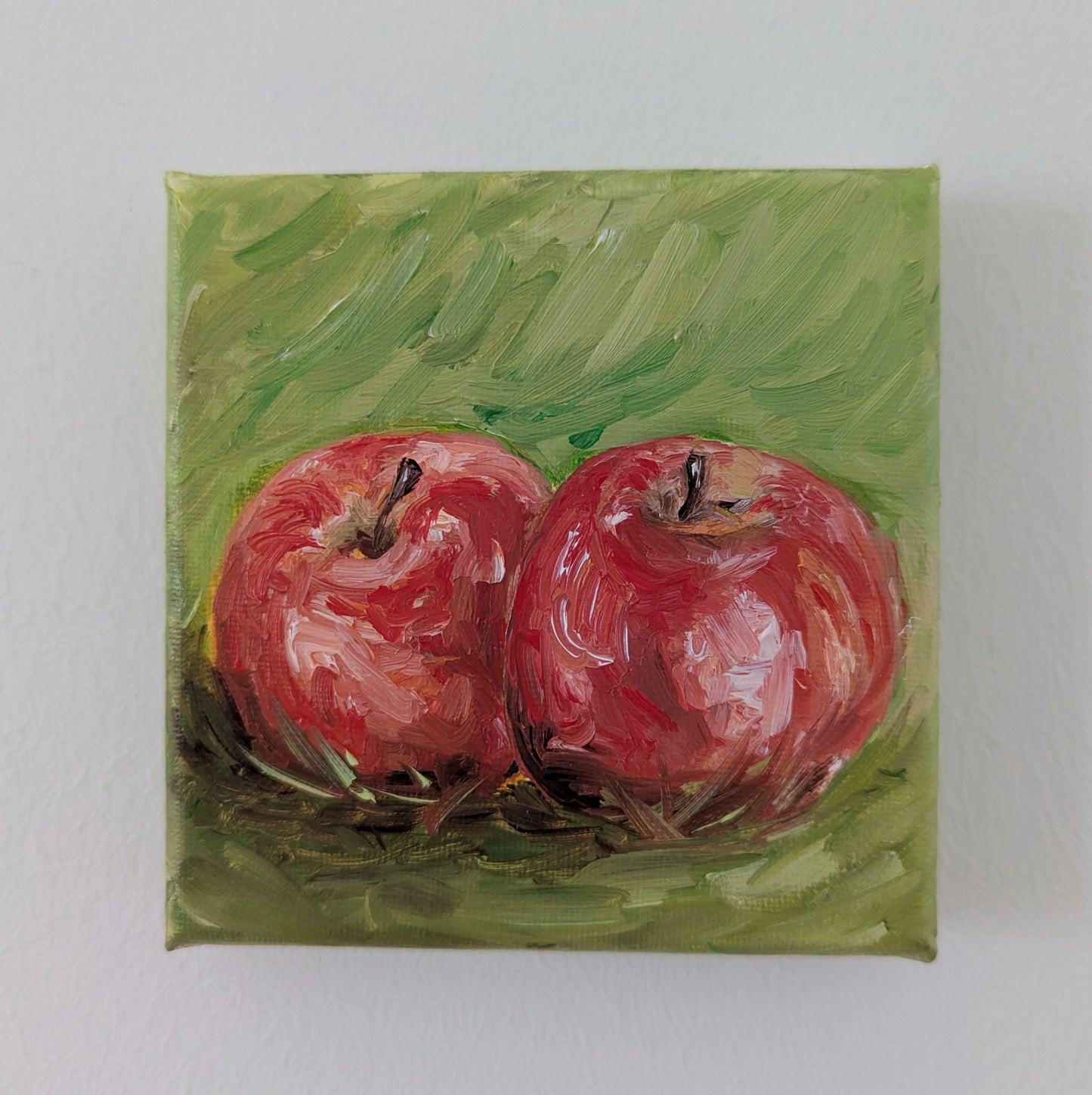 Ölfarbe auf Leinwand Gemälde - Zwei Äpfel - 10x10 cm